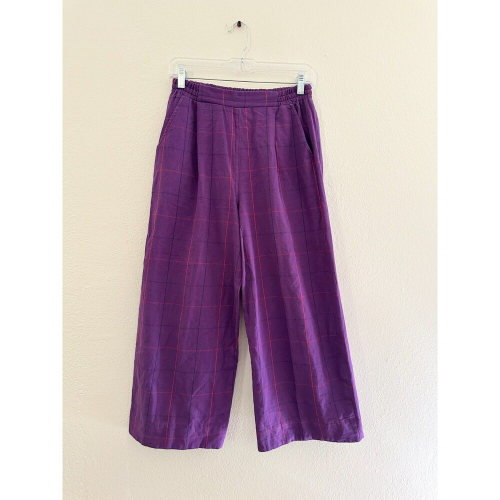 Liz Alig Plaid Crop Pull On 100% Cotton Pants Wide Leg Purple Women's Small